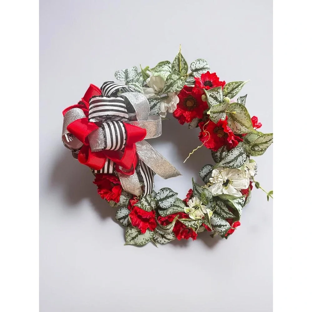 Colorful Spring Wreath; Faux Floral Door Accent; Red and White Wreath
